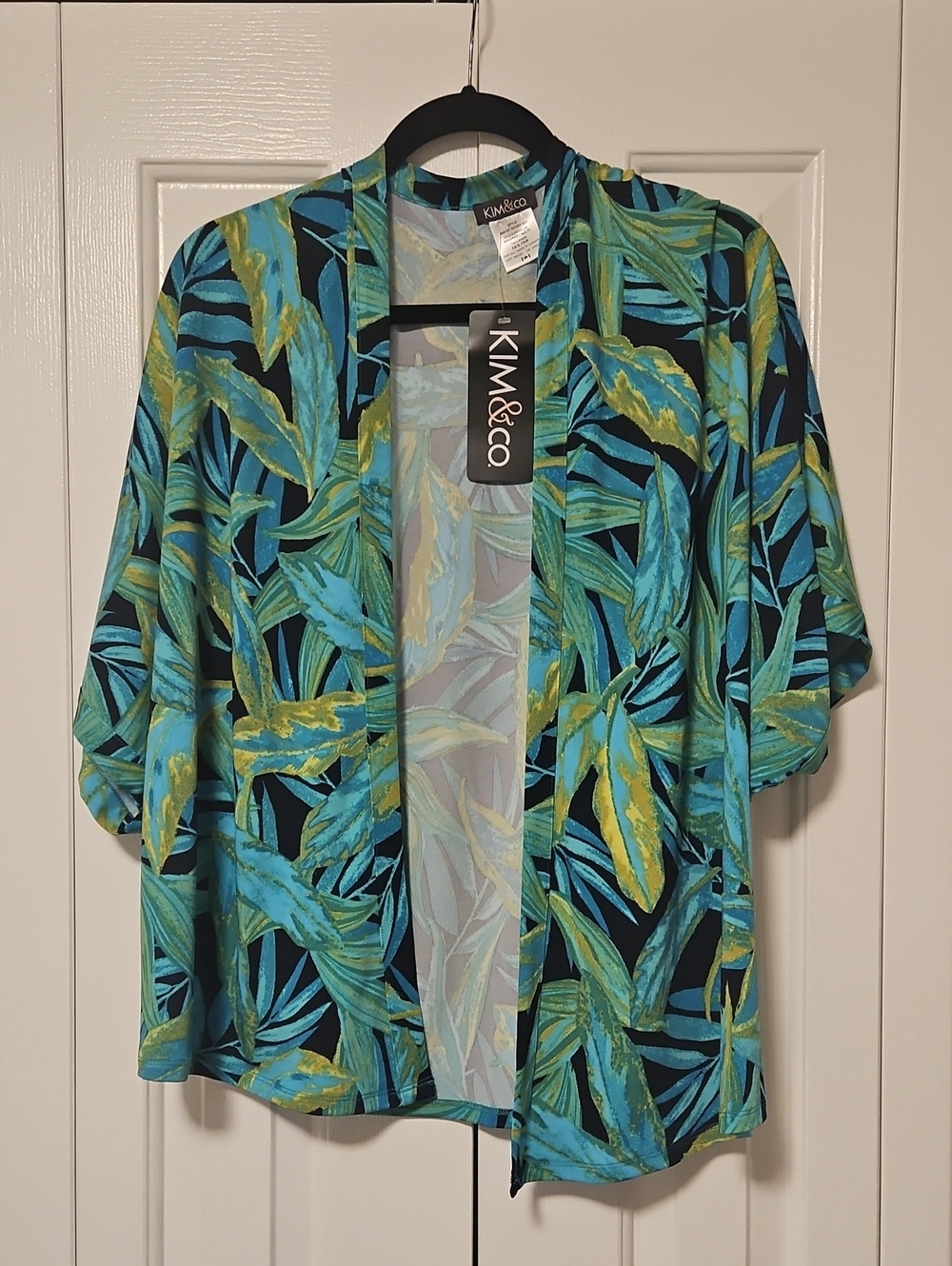 Tropical Print Open-Front Women’s Top in Teal/Blue